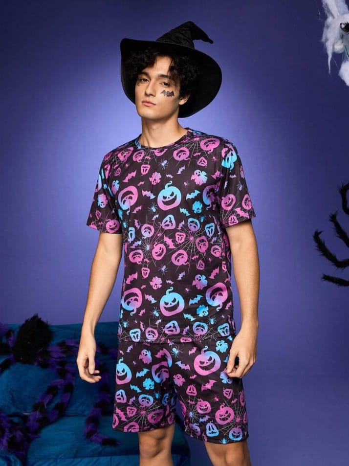NIGHT-RIDER Halloween Colourful  Pumpkin, Demon, Ghost Face Glow-In-Dark Y2K Sleepwear Set